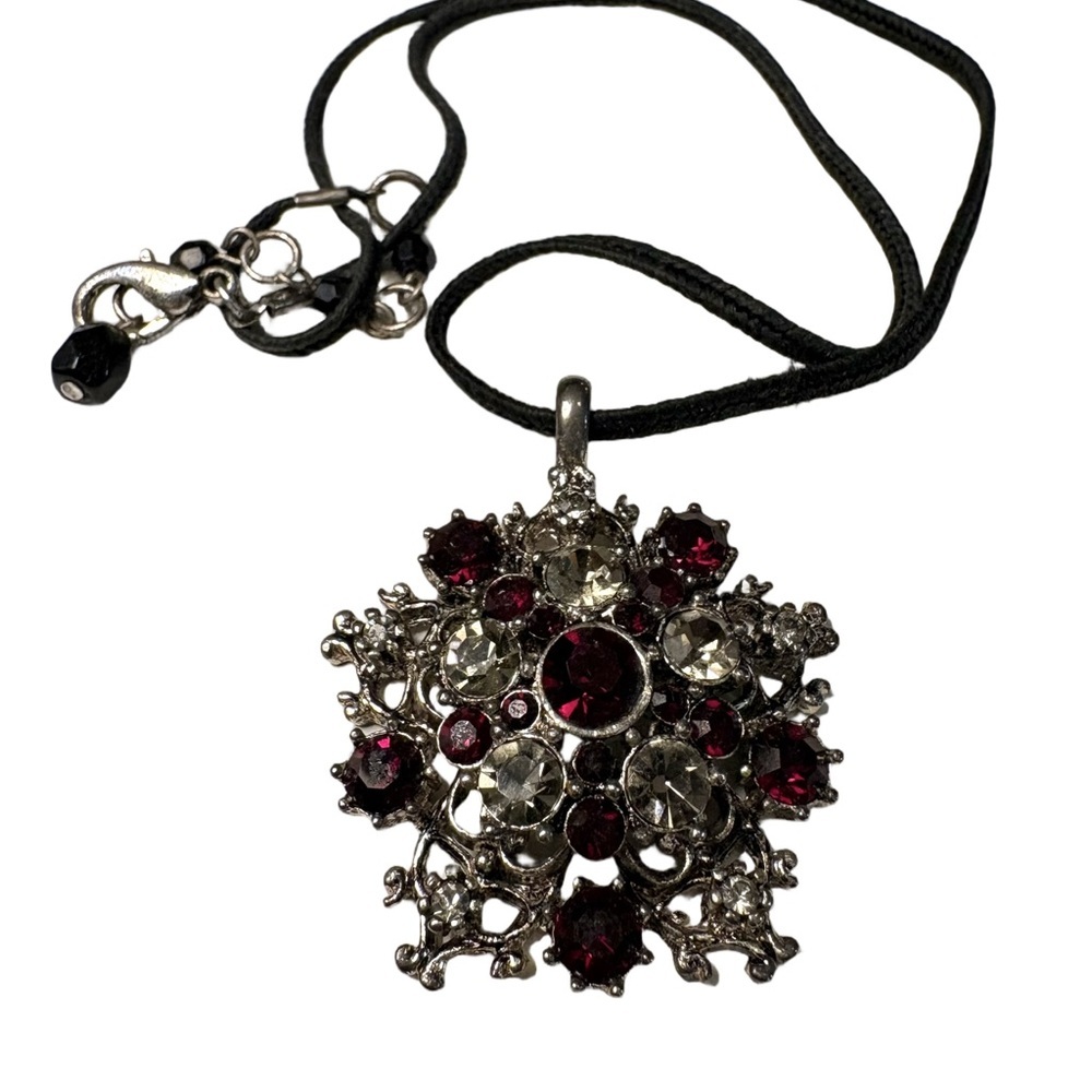 Vintage Style Red & Clear Rhinestone Snowflake Pendant Necklace